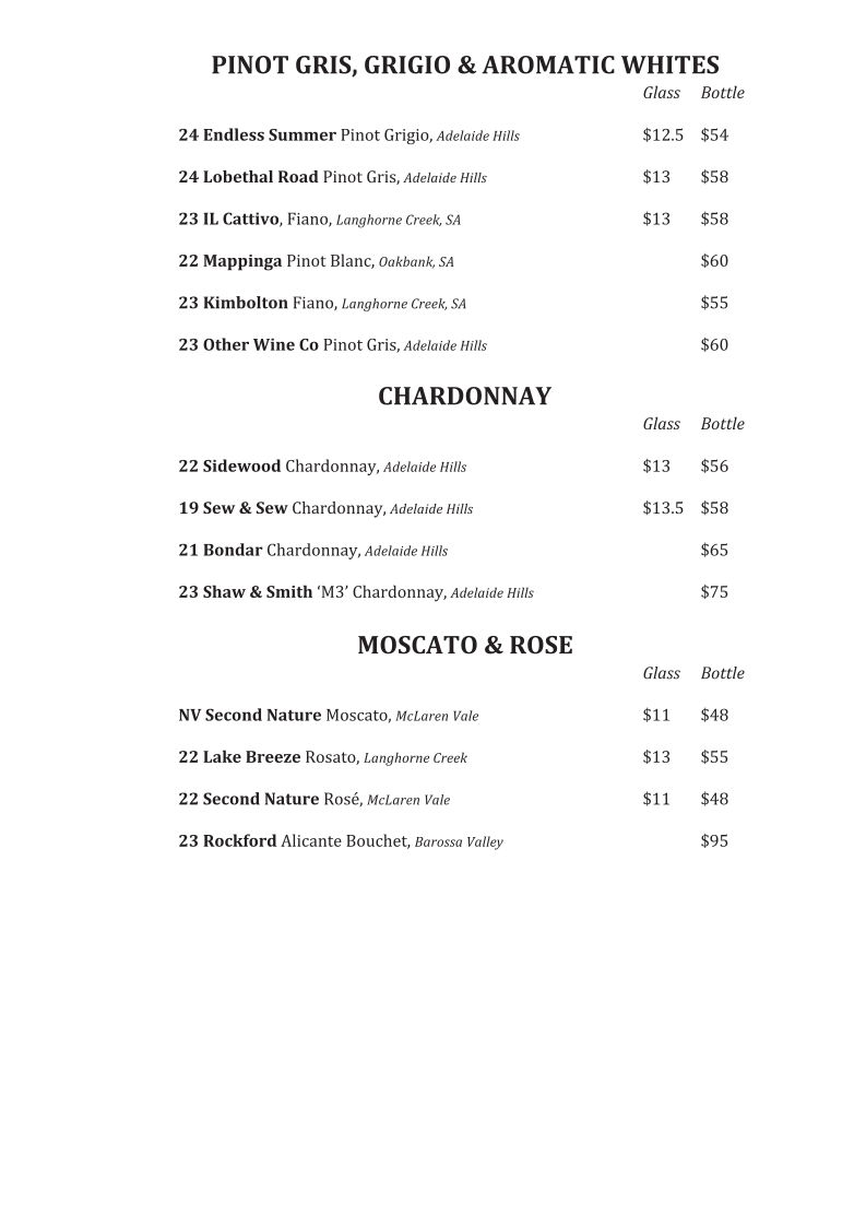 Menu, Union Hotel - Best Pub in Adelaide CBD