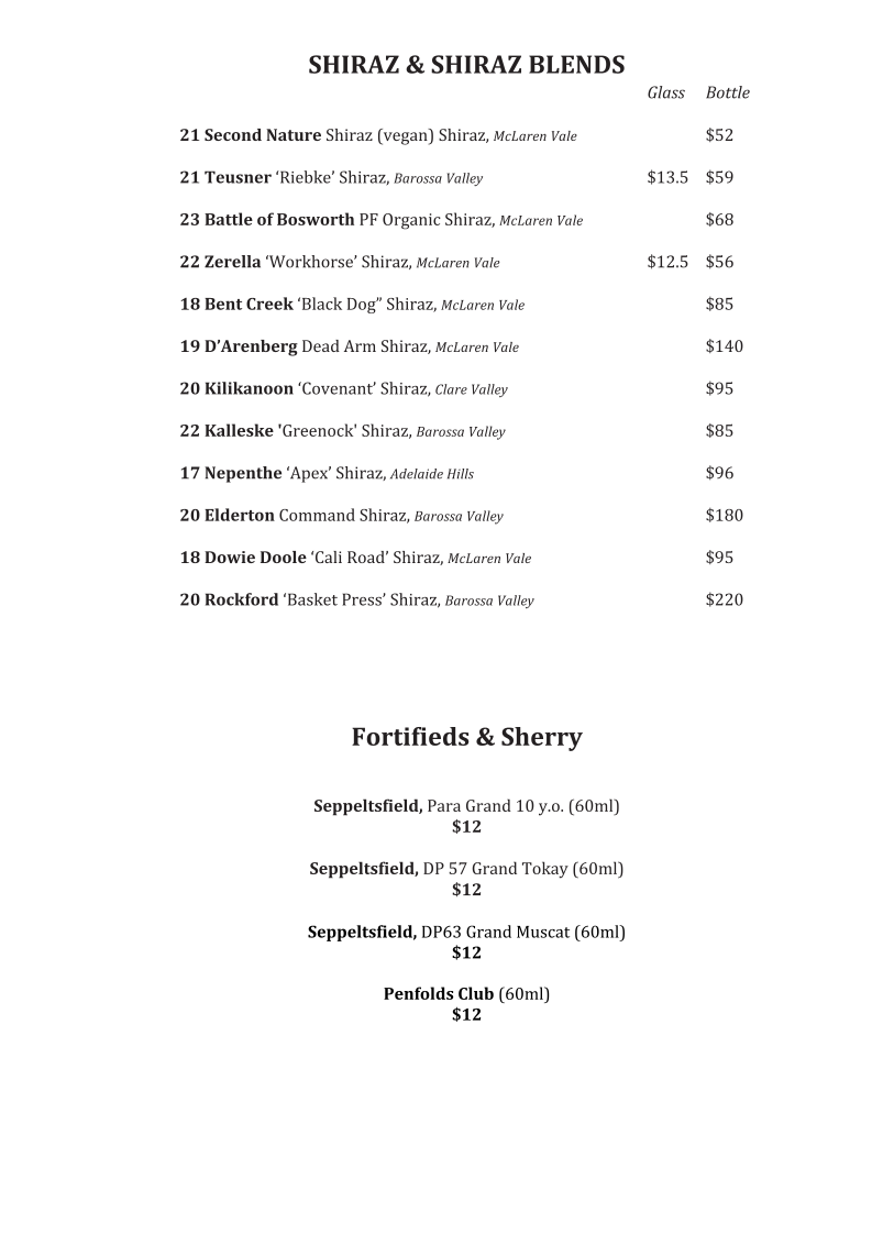Menu, Union Hotel - Best Pub in Adelaide CBD