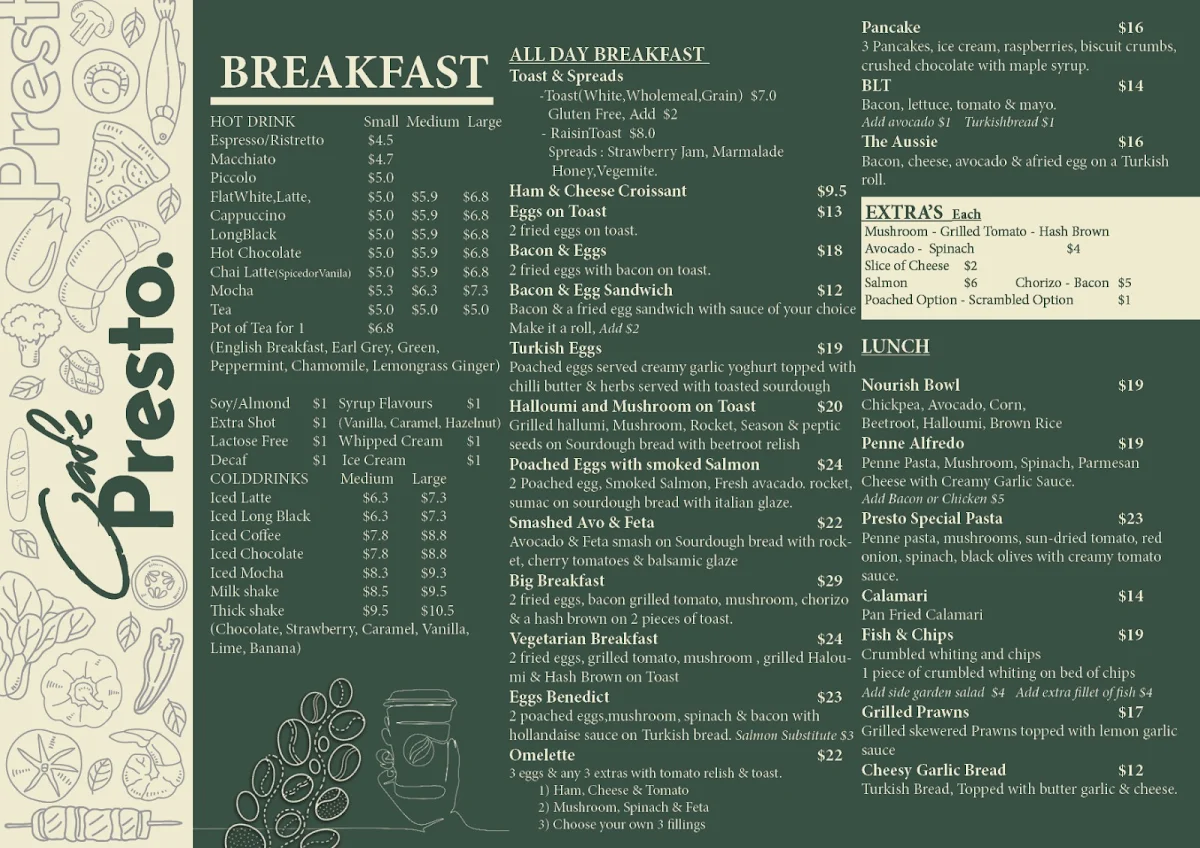 Menu, Cafe Presto
