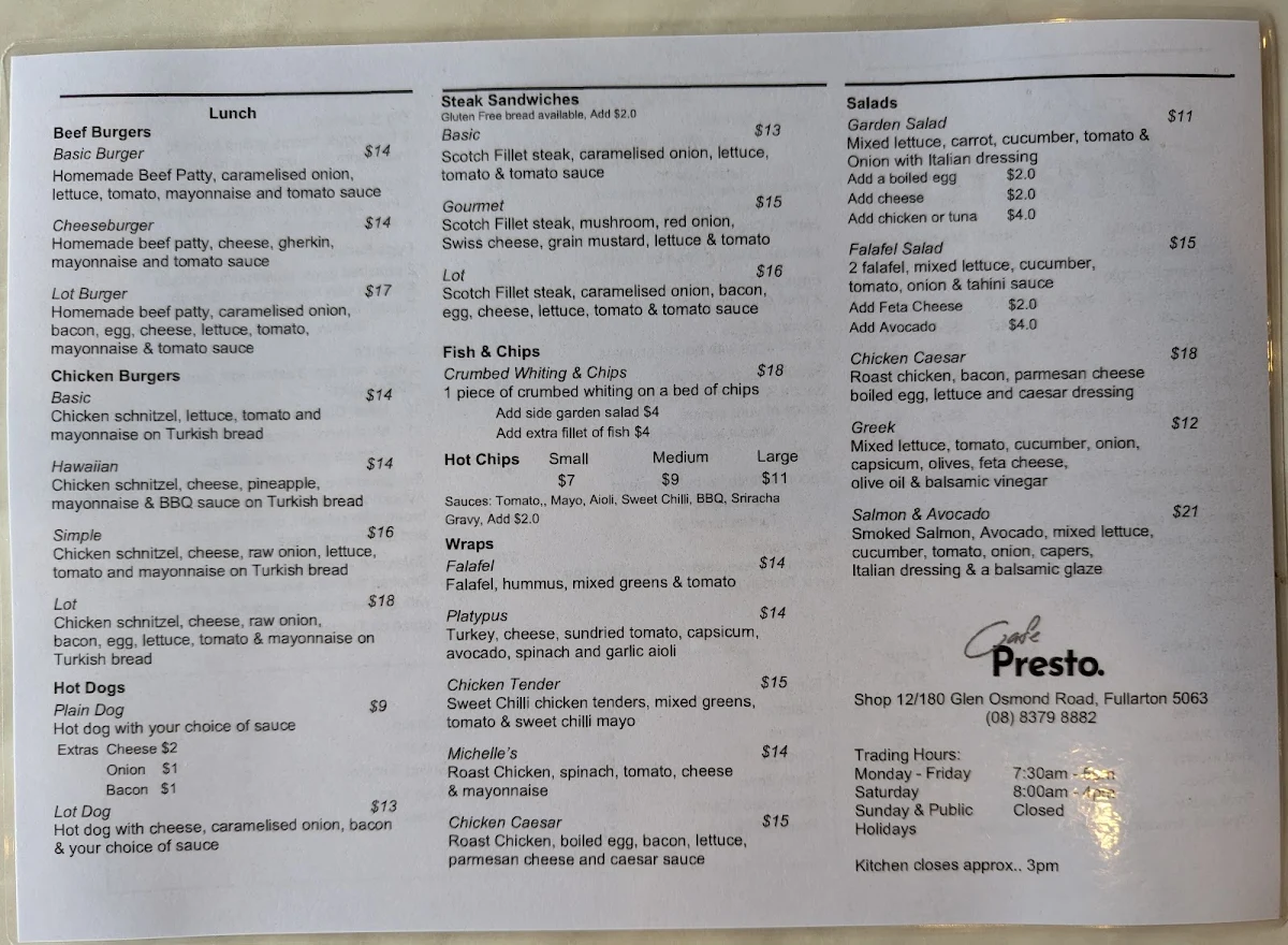 Menu, Cafe Presto