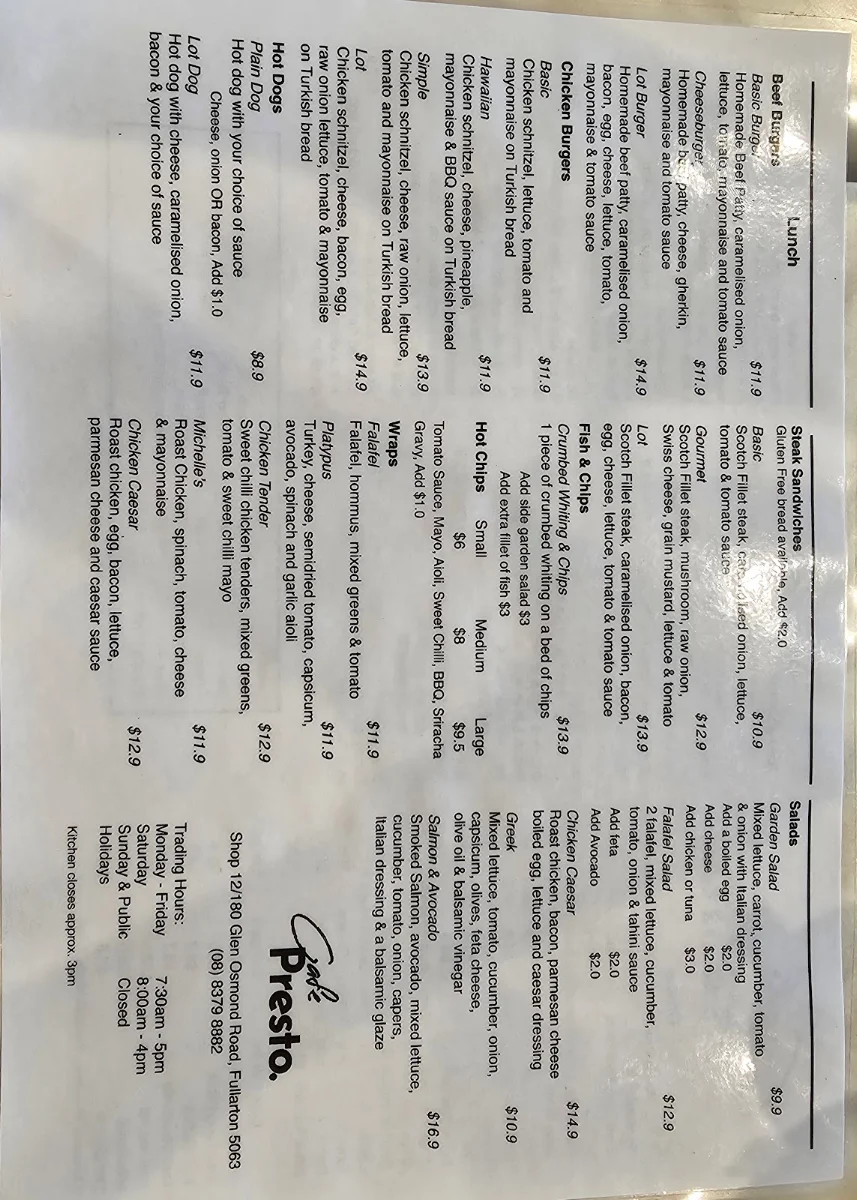 Menu, Cafe Presto