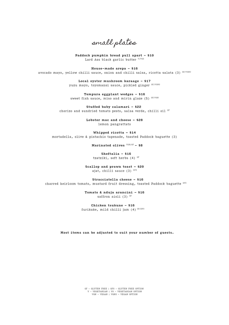 Menu, Woolstore Geelong