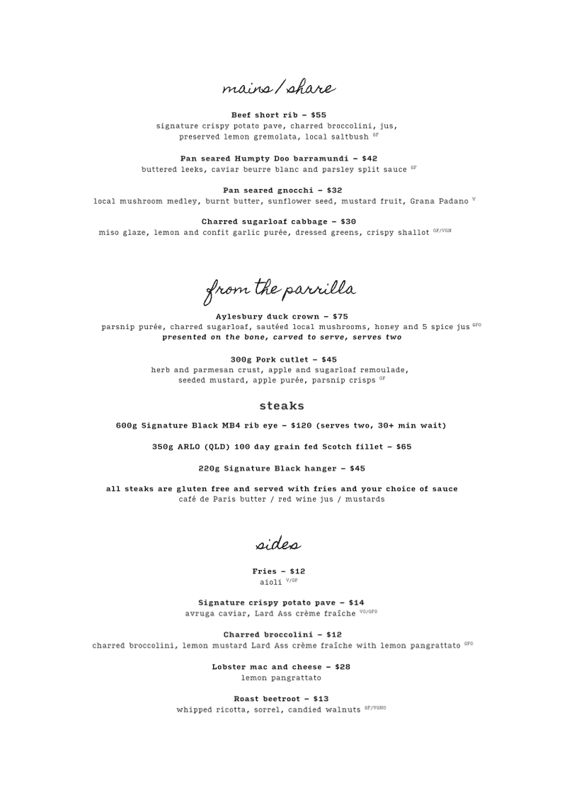 Menu, Woolstore Geelong