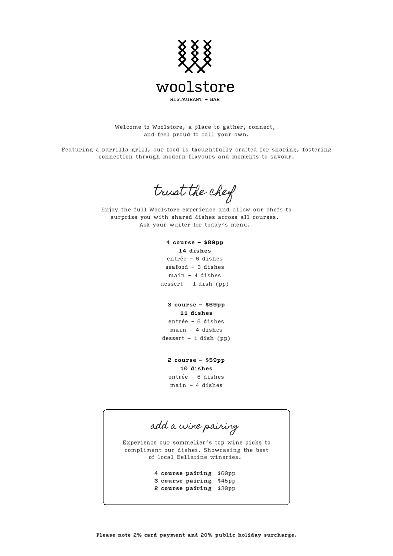 Menu, Woolstore Geelong