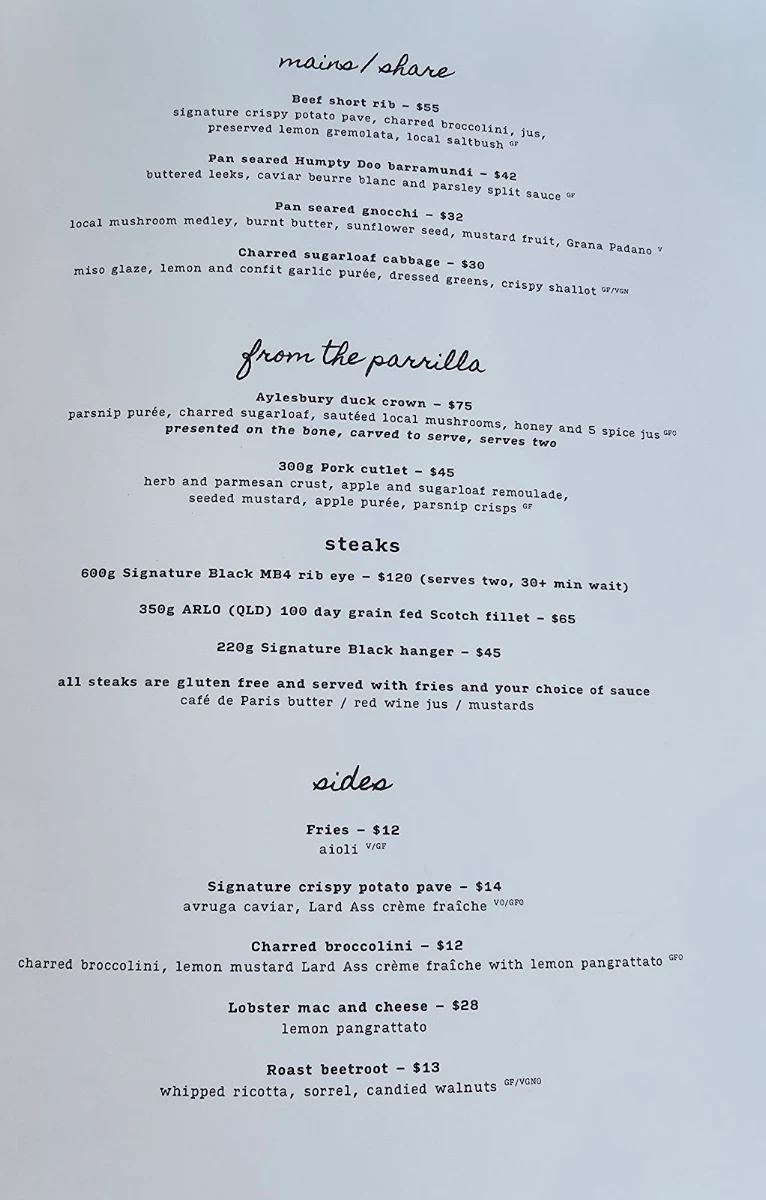 Menu, Woolstore Geelong