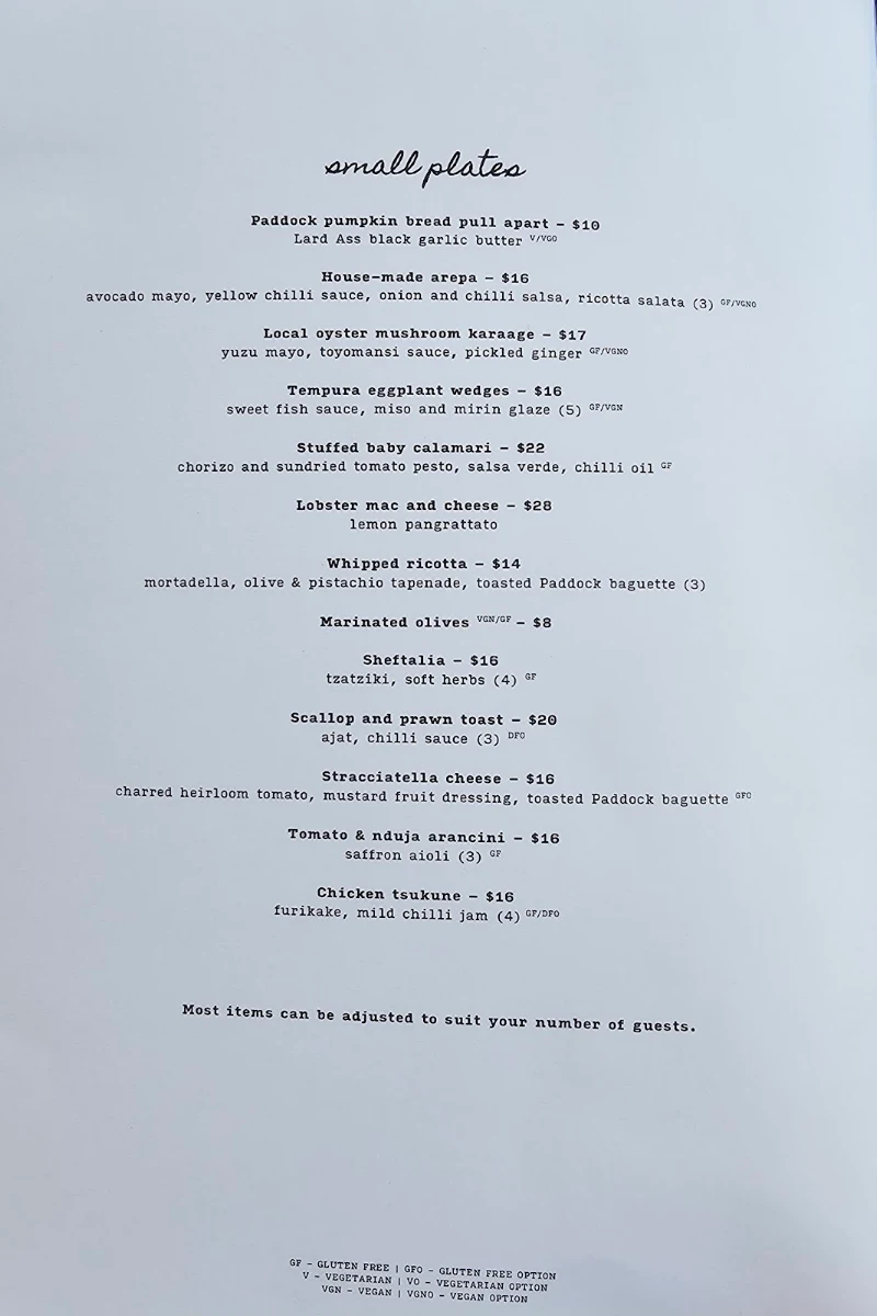 Menu, Woolstore Geelong