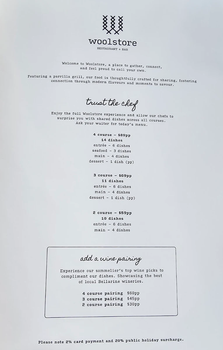 Menu, Woolstore Geelong