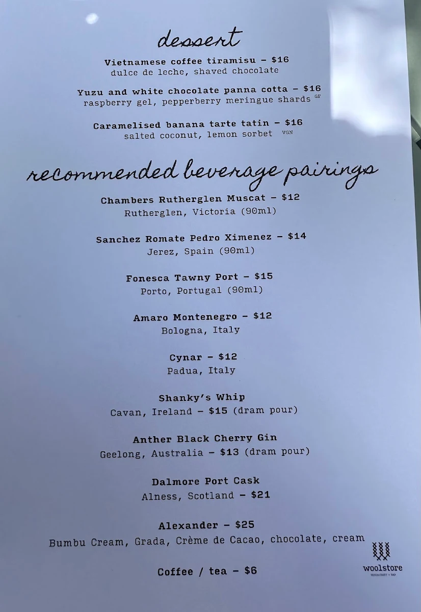 Menu, Woolstore Geelong
