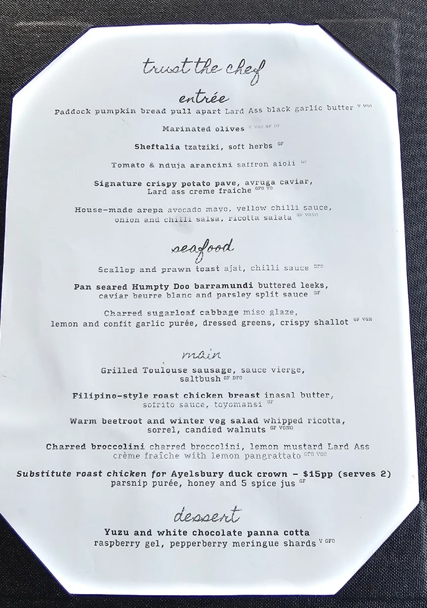 Menu, Woolstore Geelong