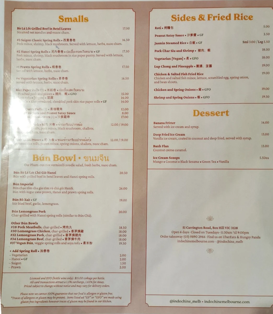 Menu, Indochine Vietnamese Restaurant