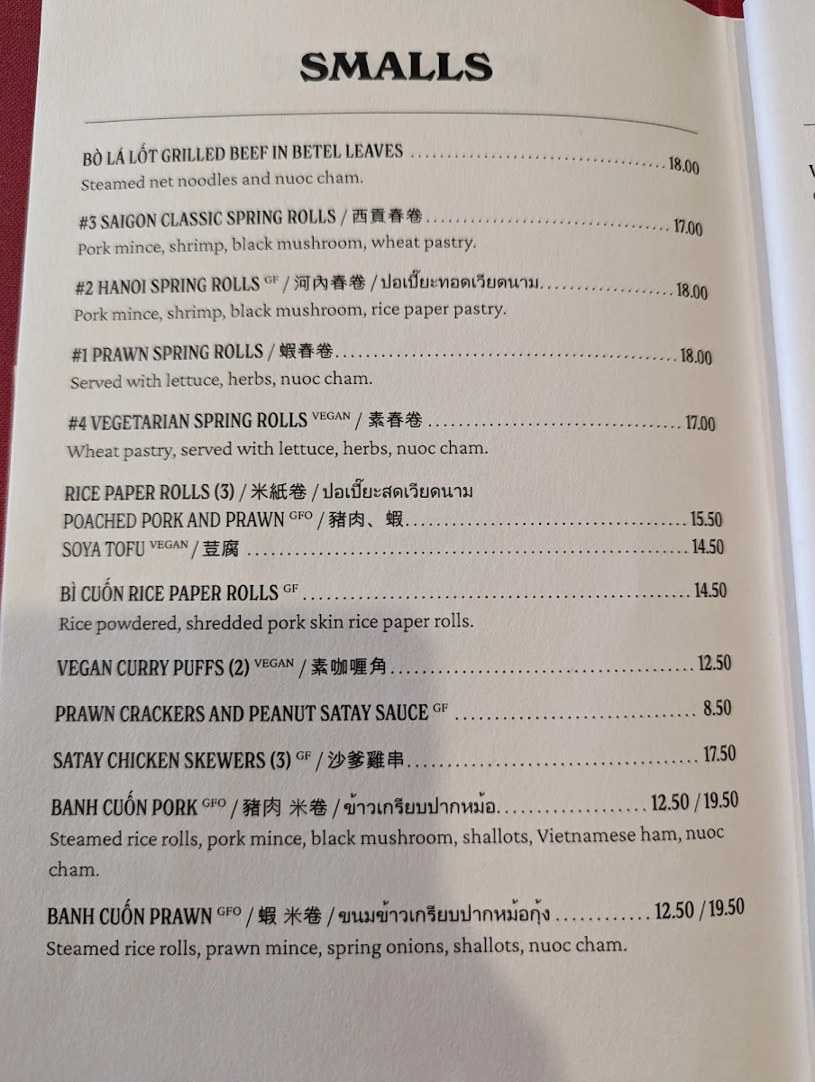 Menu, Indochine Vietnamese Restaurant