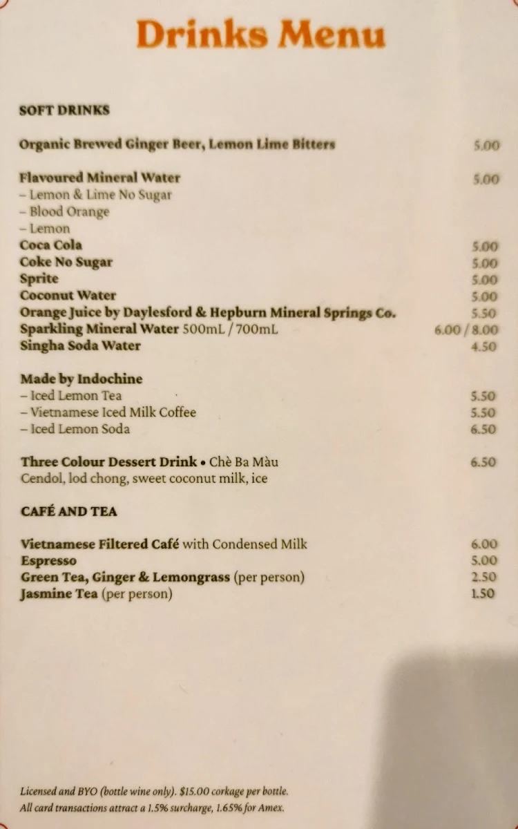 Menu, Indochine Vietnamese Restaurant