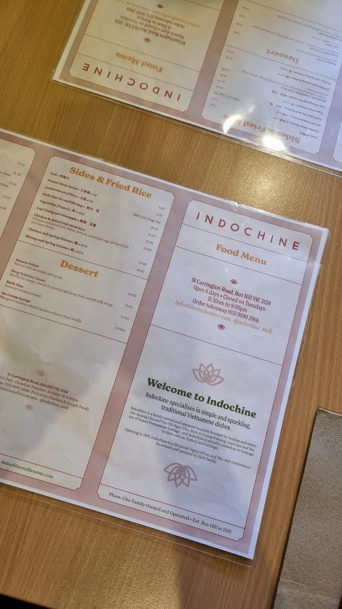Menu, Indochine Vietnamese Restaurant