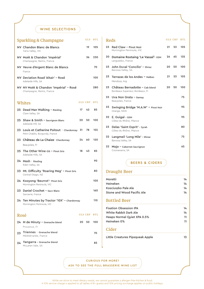 Menu, The Charles Brasserie & Bar