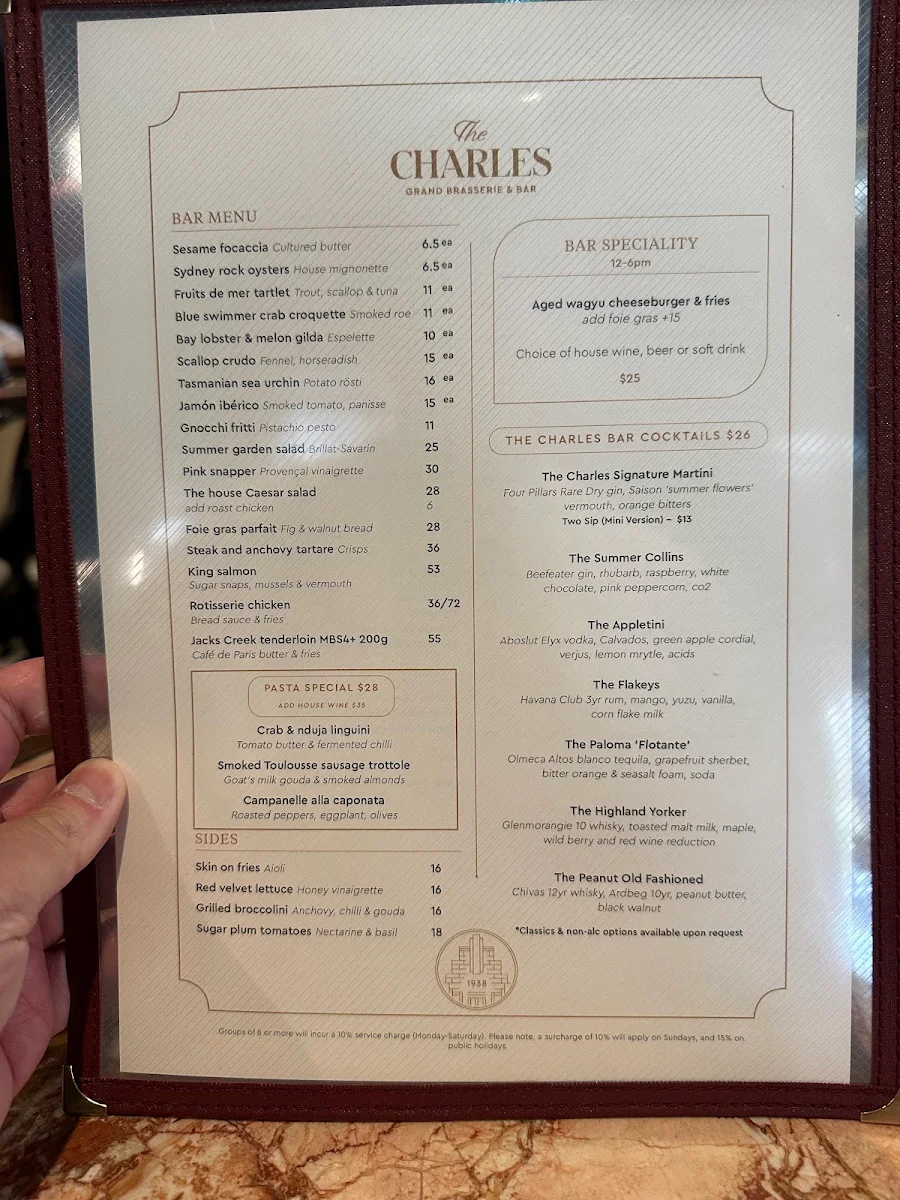 Menu, The Charles Brasserie & Bar