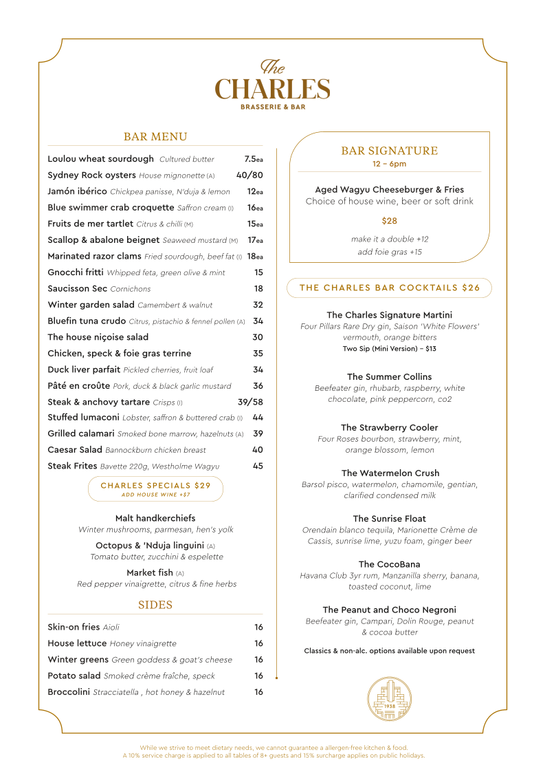 Menu, The Charles Brasserie & Bar