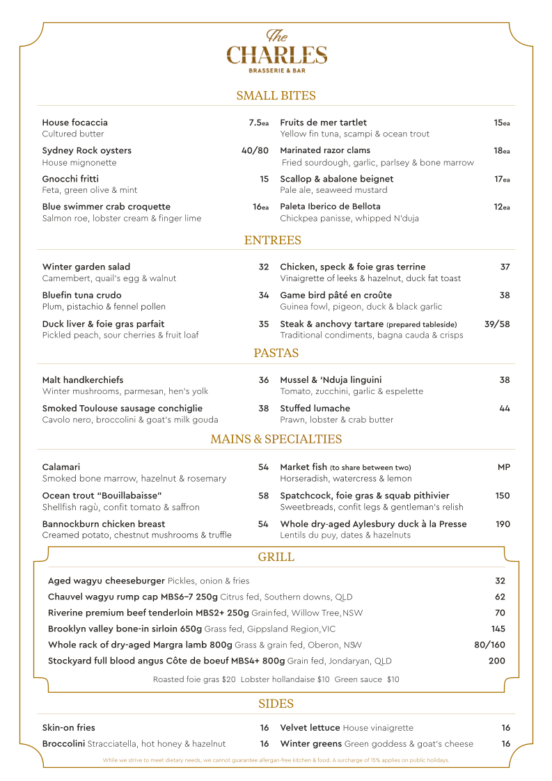 Menu, The Charles Brasserie & Bar
