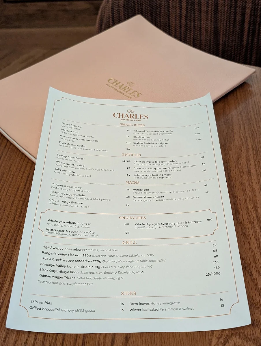 Menu, The Charles Brasserie & Bar