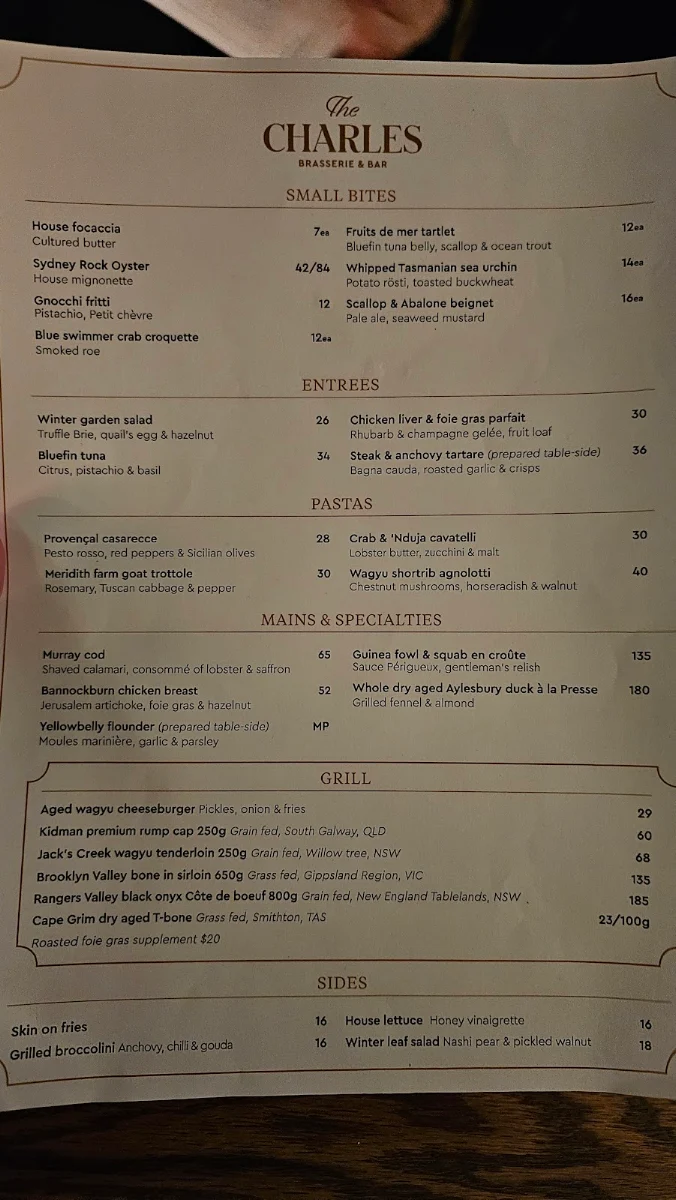 Menu, The Charles Brasserie & Bar