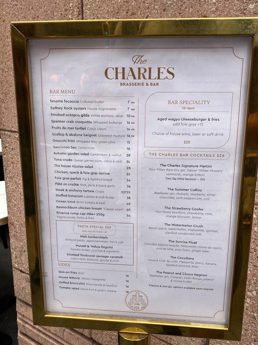 Menu, The Charles Brasserie & Bar