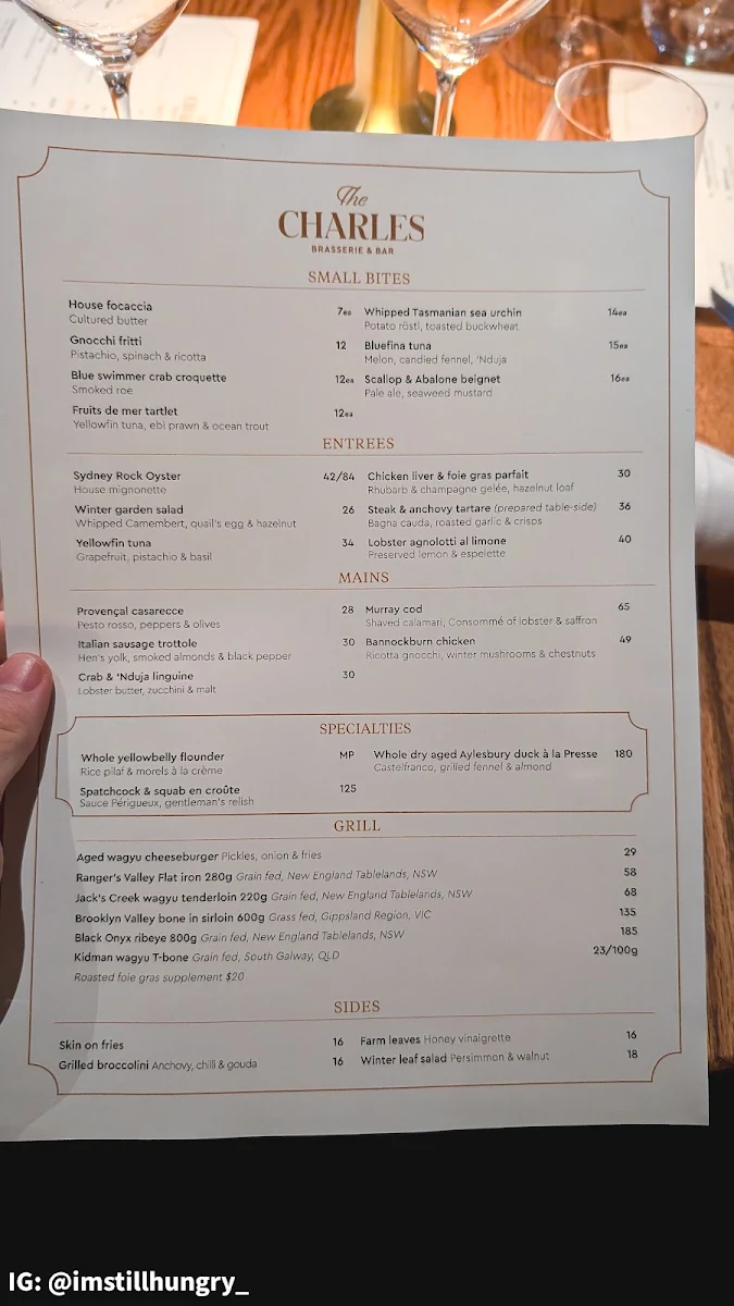 Menu, The Charles Brasserie & Bar
