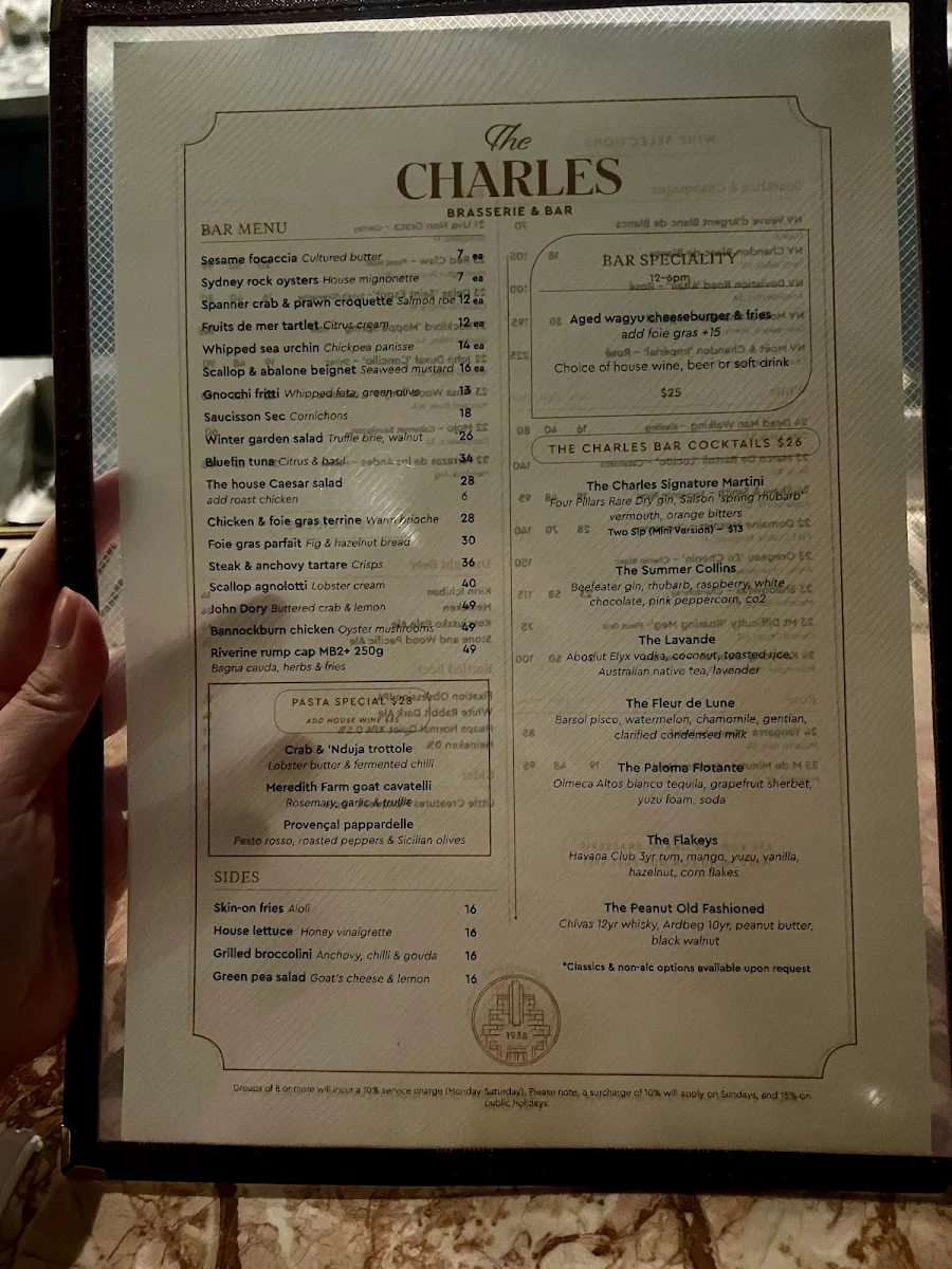 Menu, The Charles Brasserie & Bar