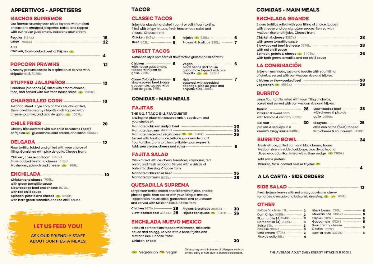 Menu, Taco Bill - Essendon