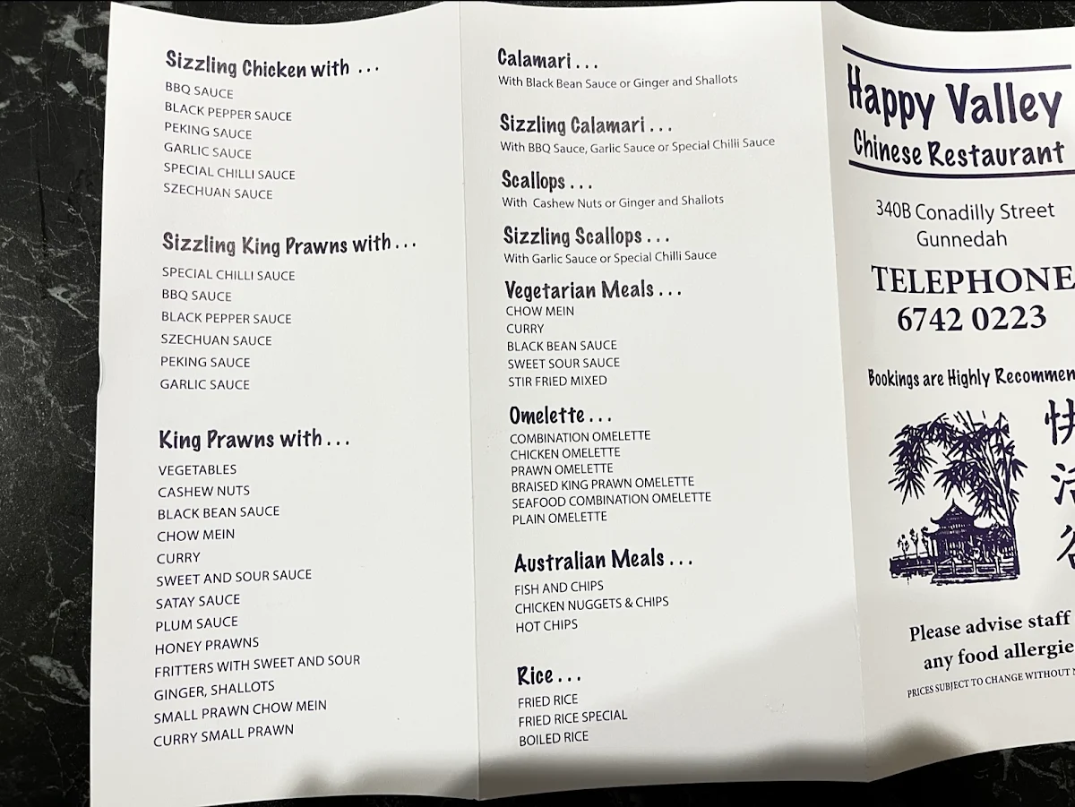 Menu, Happy Valley Chinese Restaurant