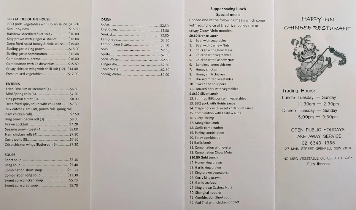 Menu, Happy Inn Chinese Restaurant