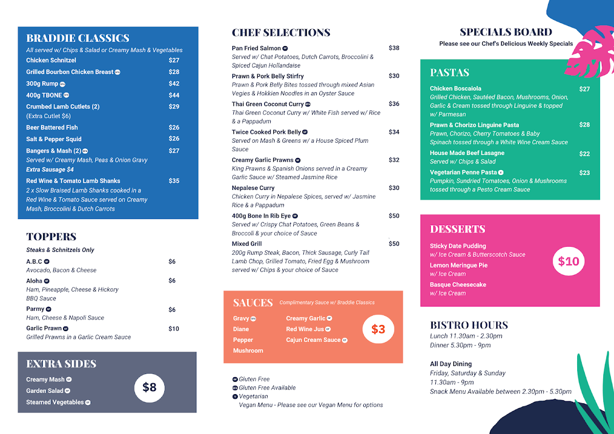 Menu, The Bradford Hotel
