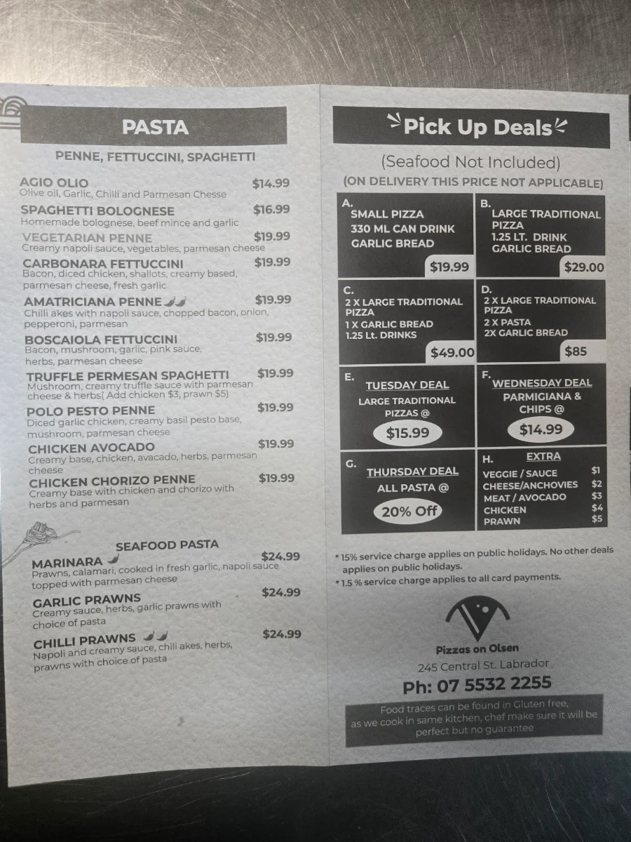 Menu, Pizzas On Olsen