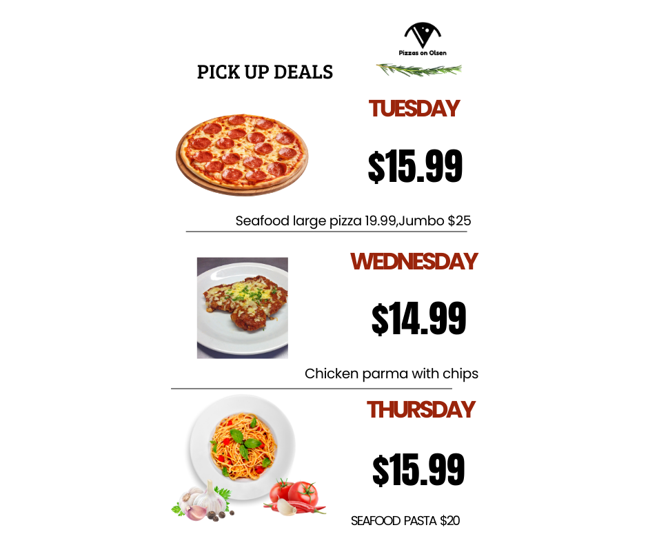 Menu, Pizzas On Olsen
