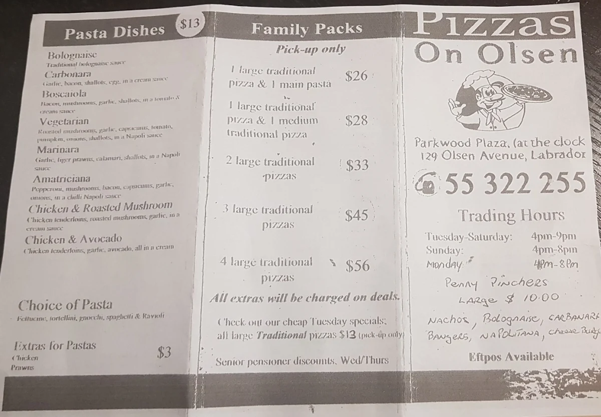 Menu, Pizzas On Olsen