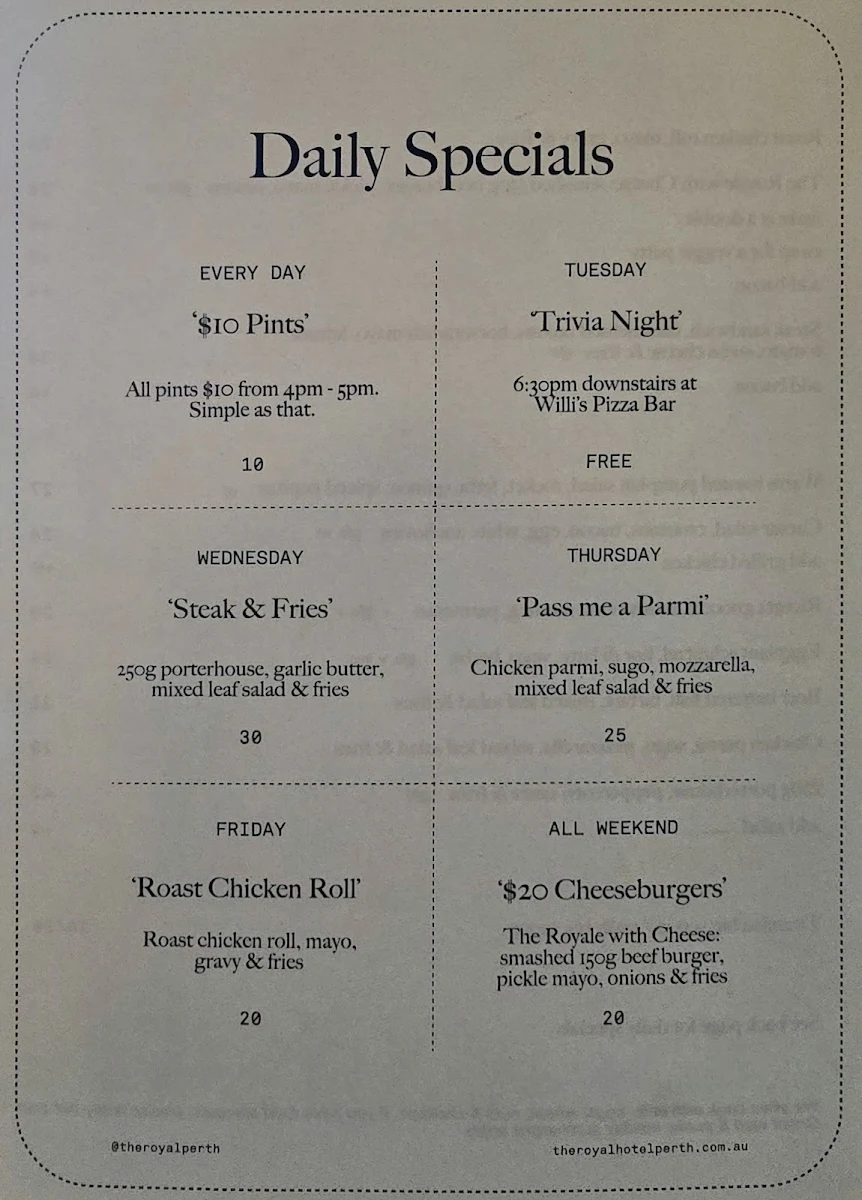 Menu, The Royal Perth