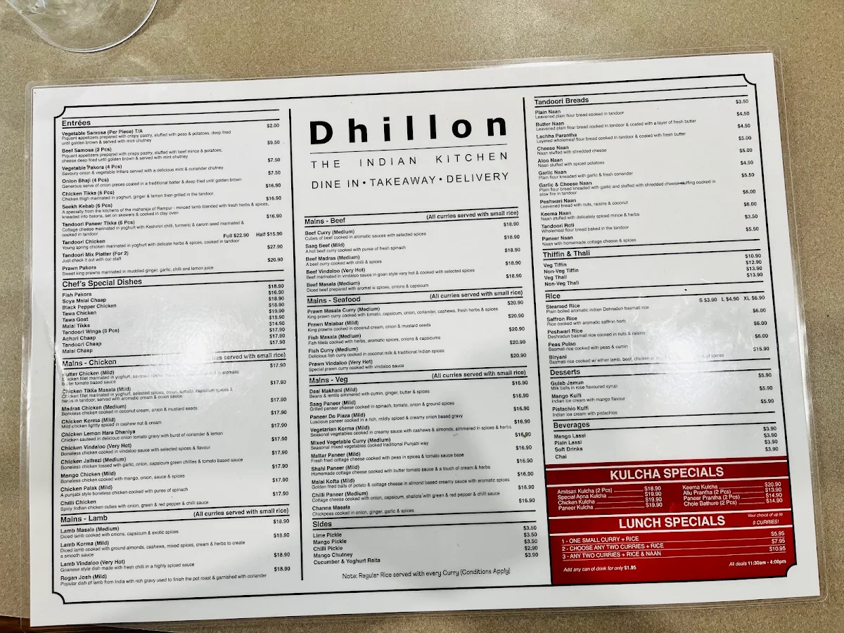 Menu, Dhillon The Indian Kitchen
