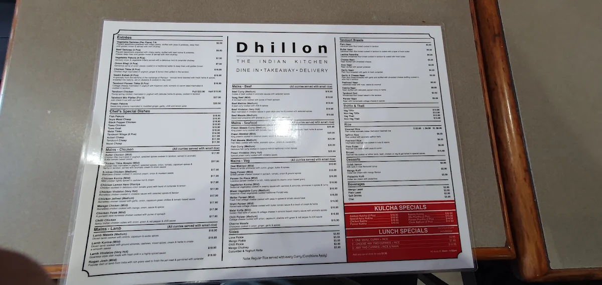 Menu, Dhillon The Indian Kitchen