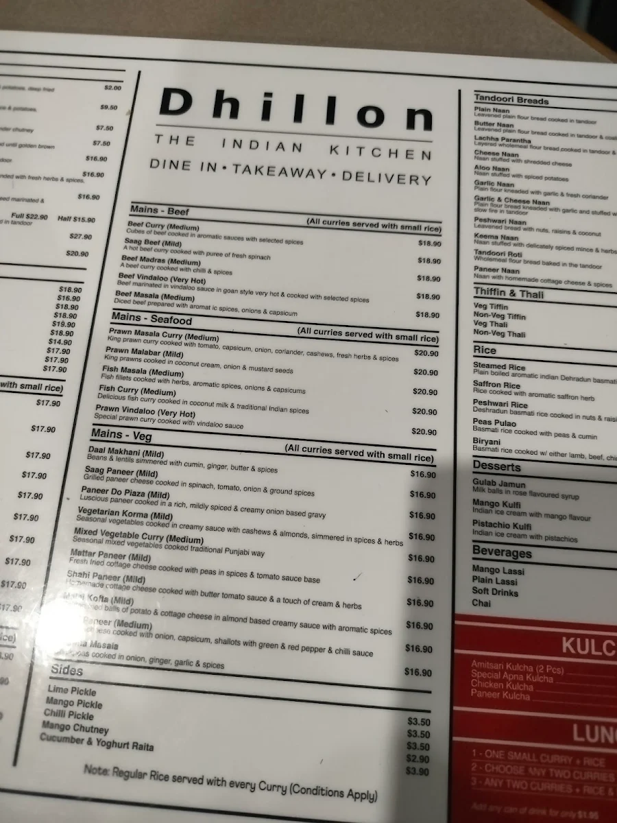 Menu, Dhillon The Indian Kitchen