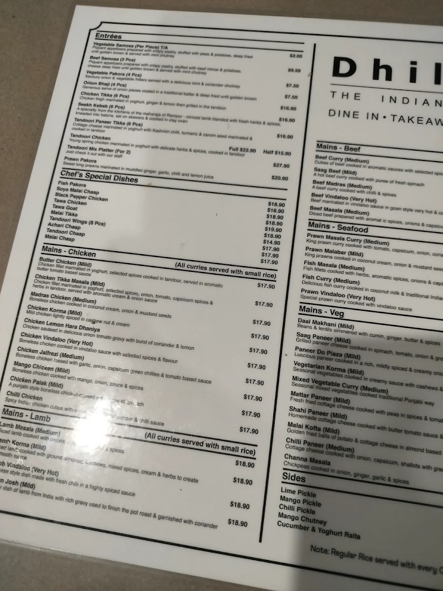 Menu, Dhillon The Indian Kitchen