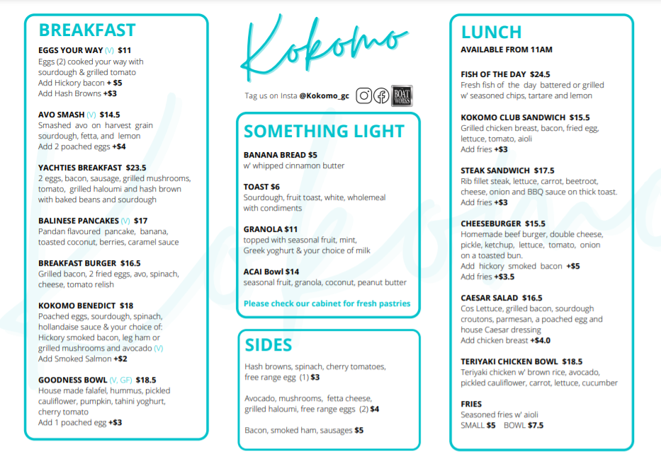 Menu, Kokomo Kitchen + Bar