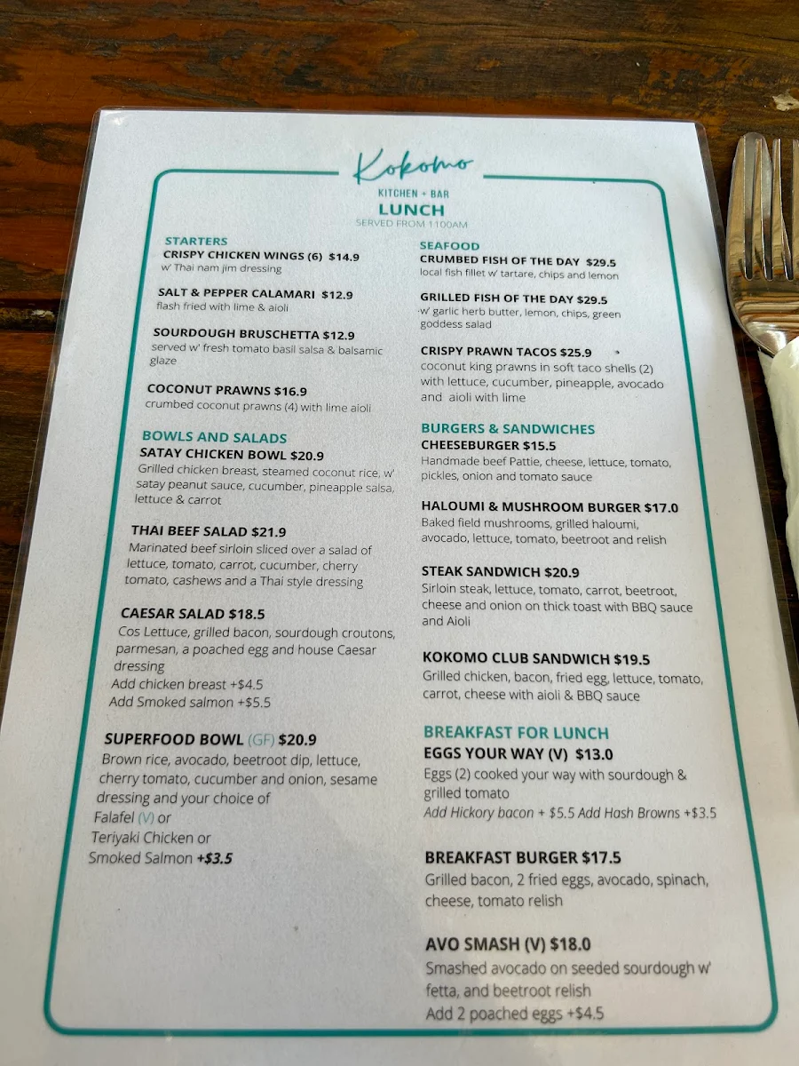 Menu, Kokomo Kitchen + Bar