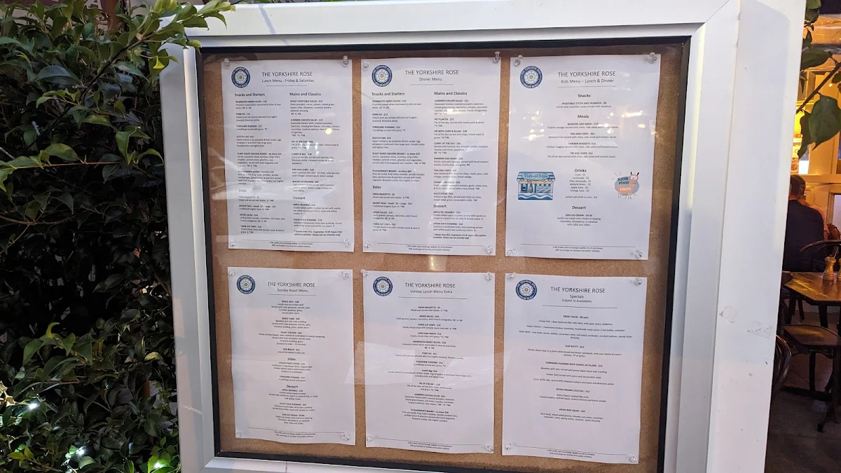 Menu, The Yorkshire Rose Avalon Beach