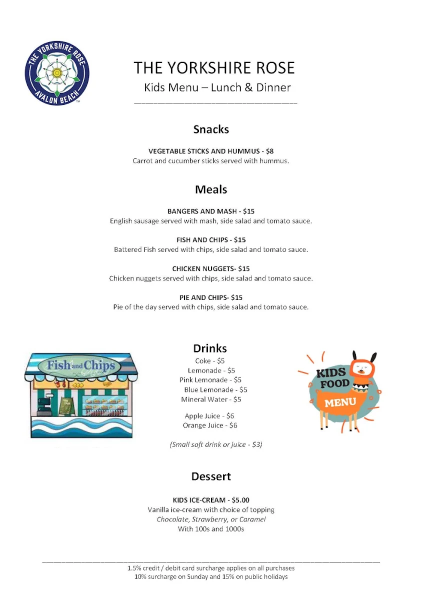 Menu, The Yorkshire Rose Avalon Beach