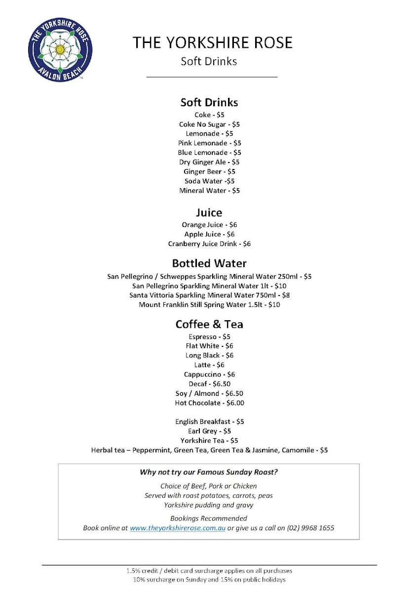 Menu, The Yorkshire Rose Avalon Beach