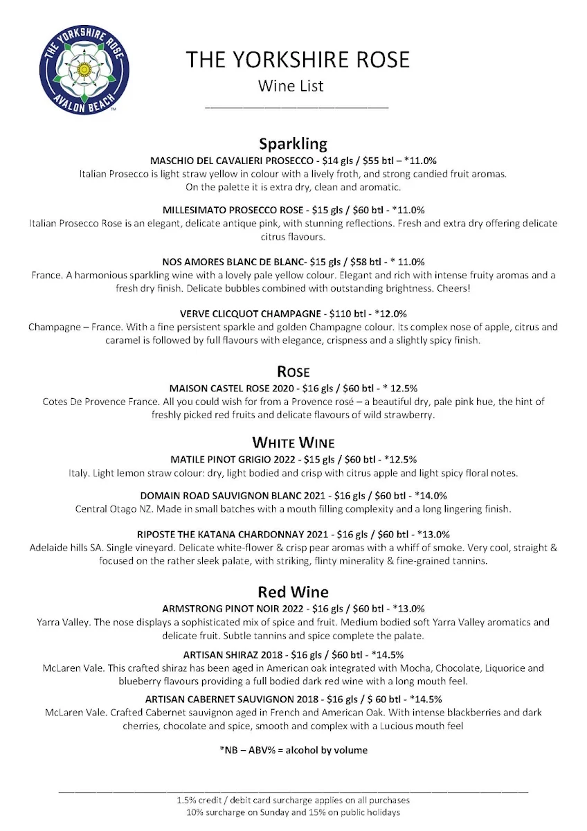 Menu, The Yorkshire Rose Avalon Beach
