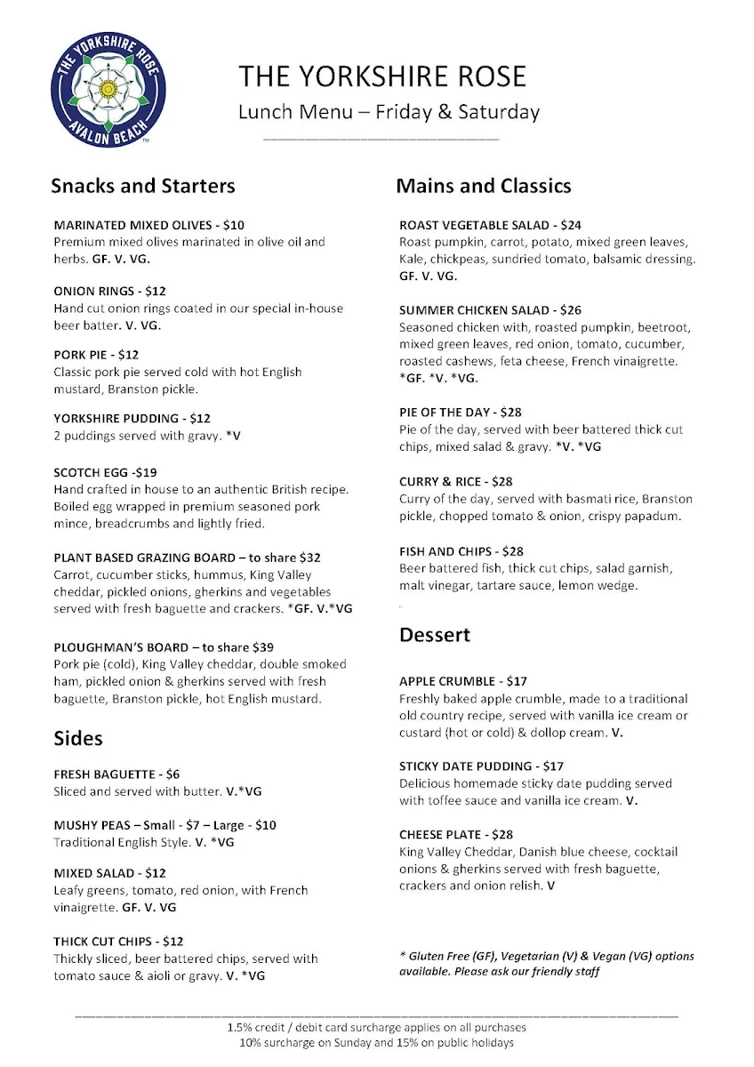 Menu, The Yorkshire Rose Avalon Beach
