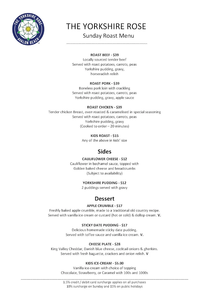 Menu, The Yorkshire Rose Avalon Beach