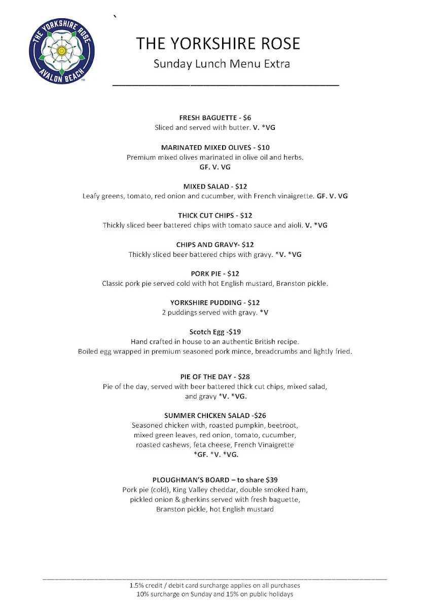 Menu, The Yorkshire Rose Avalon Beach