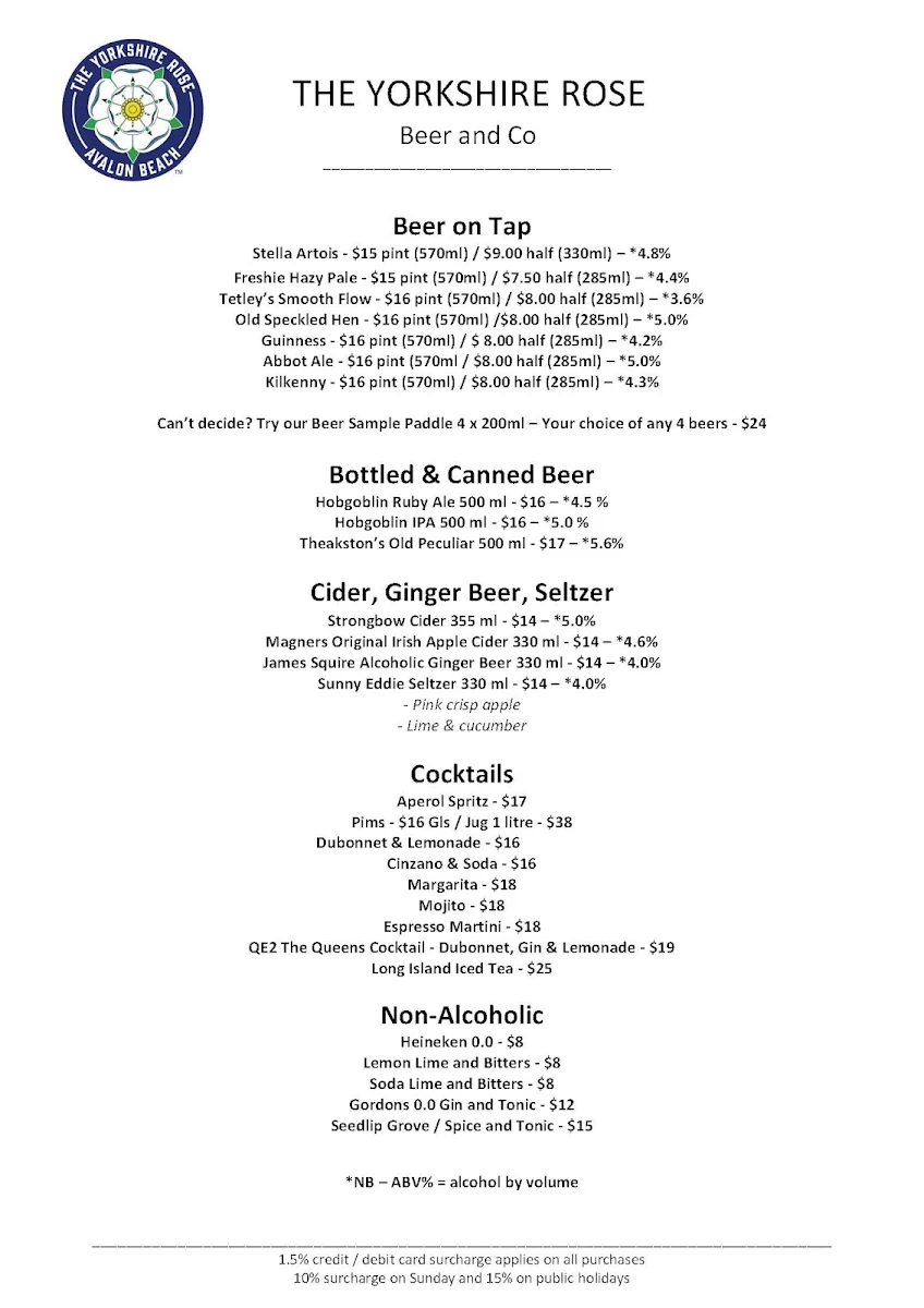 Menu, The Yorkshire Rose Avalon Beach