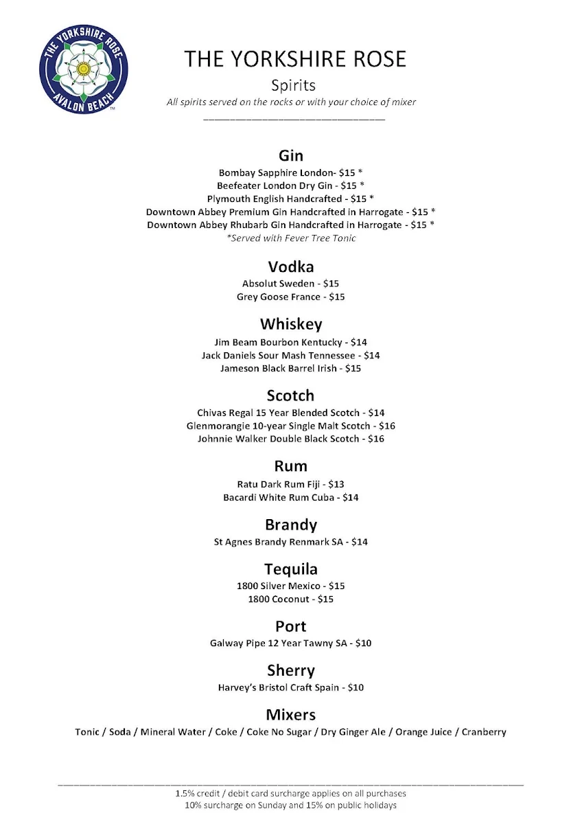 Menu, The Yorkshire Rose Avalon Beach