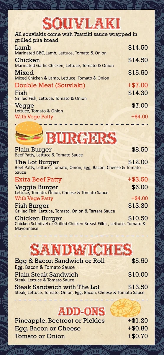 Menu, Napier Fish & Chippery